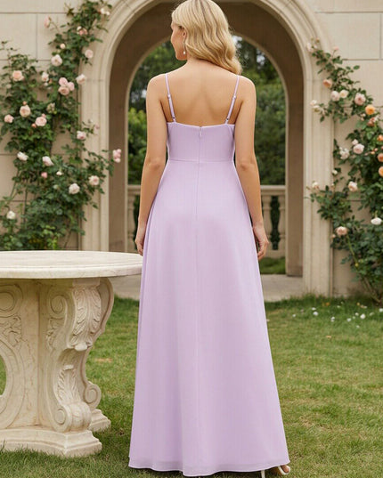 Chiffon Spaghetti Straps Ruffles V Neck Pleated Bridesmaid Dresses with Slit