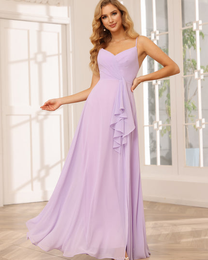 Chiffon Spaghetti Straps Ruffles V Neck Pleated Bridesmaid Dresses with Slit