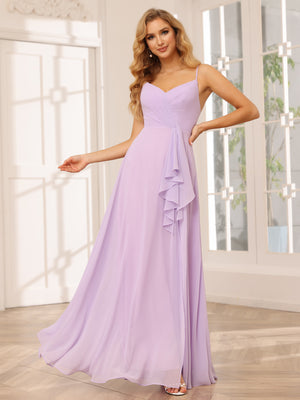 Chiffon Spaghetti Straps Ruffles V Neck Pleated Bridesmaid Dresses with Slit