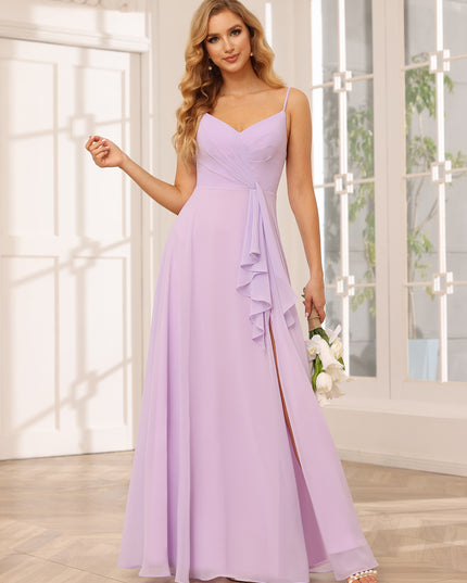Chiffon Spaghetti Straps Ruffles V Neck Pleated Bridesmaid Dresses with Slit