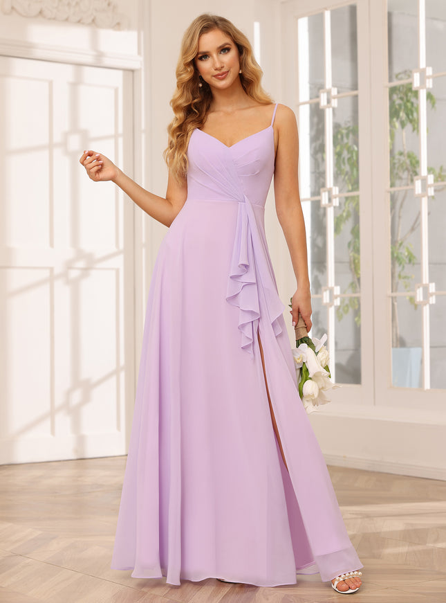 Chiffon Spaghetti Straps Ruffles V Neck Pleated Bridesmaid Dresses with Slit