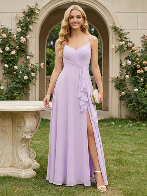 Chiffon Spaghetti Straps Ruffles V Neck Pleated Bridesmaid Dresses with Slit