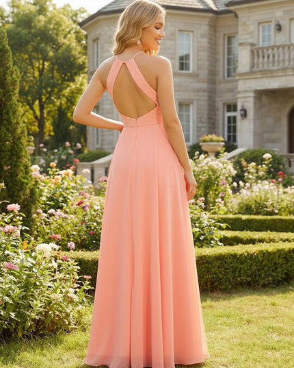 Chiffon Halter Cut Out Corset Pleated Bridesmaid Dresses with Slit