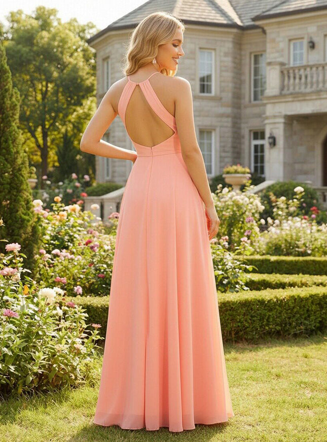 Chiffon Halter Cut Out Corset Pleated Bridesmaid Dresses with Slit