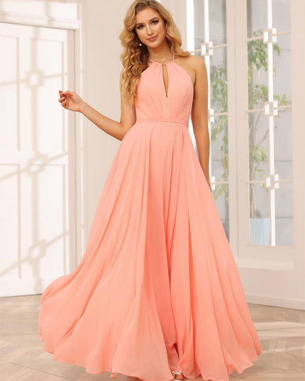 Chiffon Halter Cut Out Corset Pleated Bridesmaid Dresses with Slit