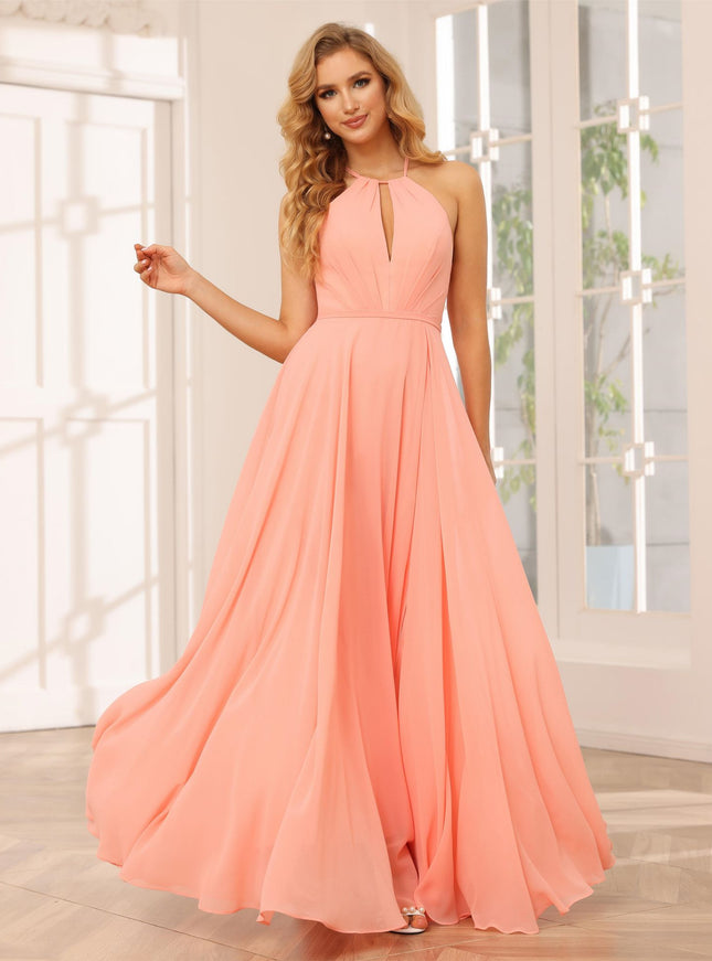 Chiffon Halter Cut Out Corset Pleated Bridesmaid Dresses with Slit