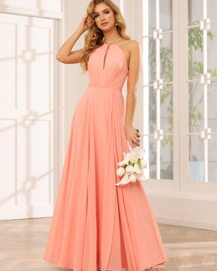 Chiffon Halter Cut Out Corset Pleated Bridesmaid Dresses with Slit