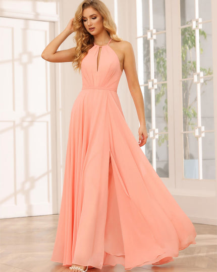 Chiffon Halter Cut Out Corset Pleated Bridesmaid Dresses with Slit