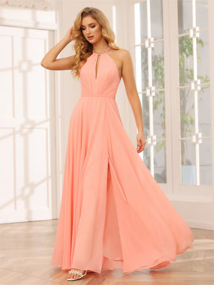 Chiffon Halter Cut Out Corset Pleated Bridesmaid Dresses with Slit
