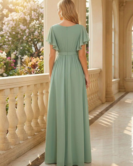 Chiffon Bow Short Sleeves A Line V Neck Pleated Bridesmaid Dresses