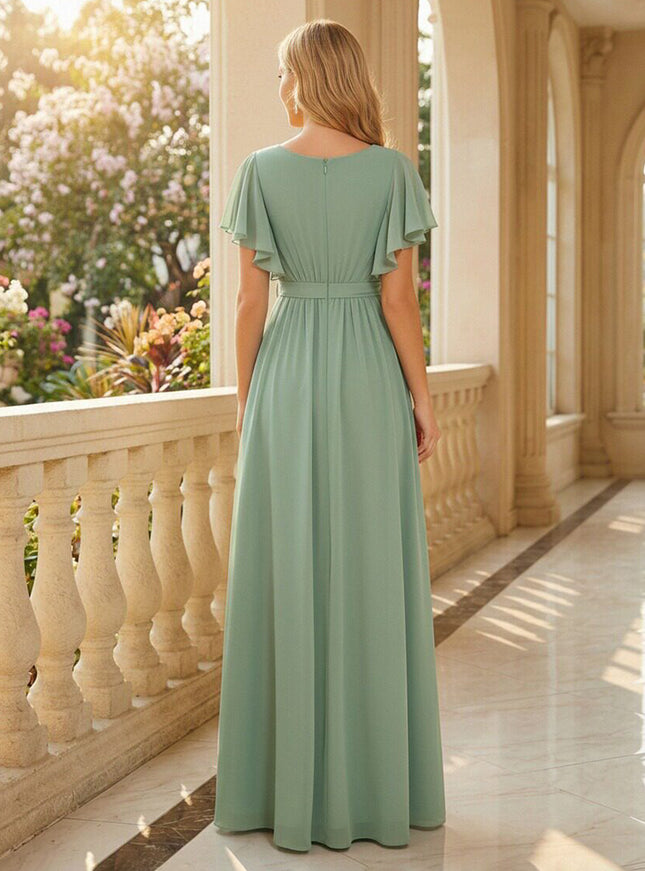 Chiffon Bow Short Sleeves A Line V Neck Pleated Bridesmaid Dresses