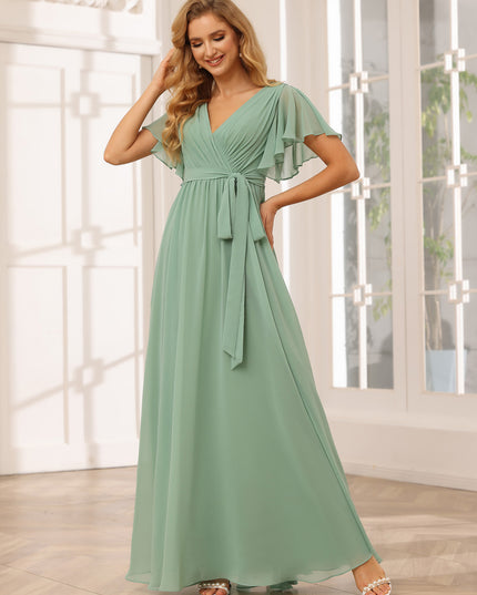 Chiffon Bow Short Sleeves A Line V Neck Pleated Bridesmaid Dresses