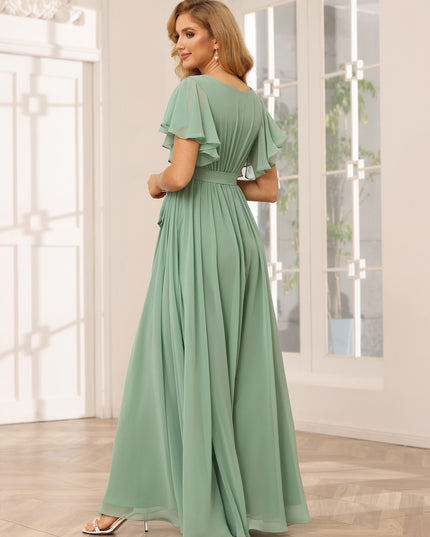 Chiffon Bow Short Sleeves A Line V Neck Pleated Bridesmaid Dresses