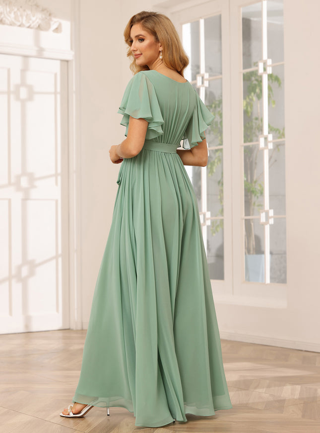 Chiffon Bow Short Sleeves A Line V Neck Pleated Bridesmaid Dresses
