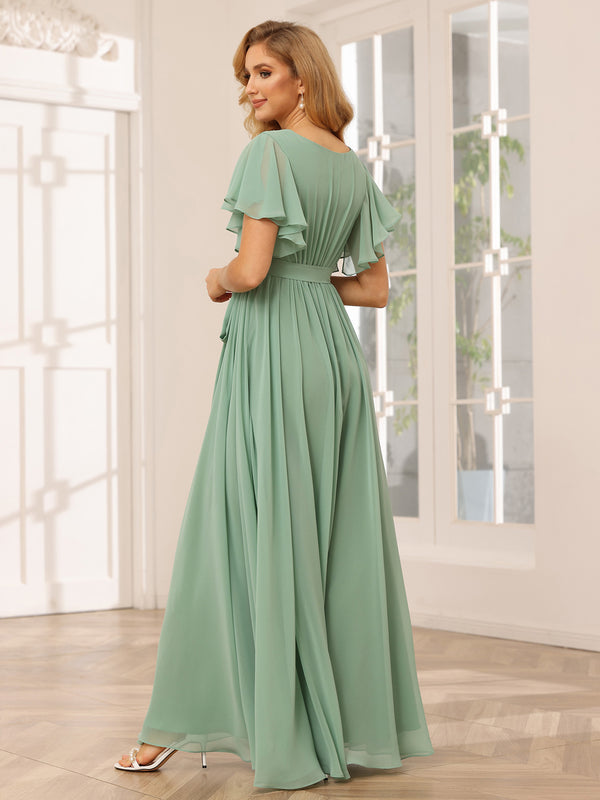 Chiffon Bow Short Sleeves A Line V Neck Pleated Bridesmaid Dresses