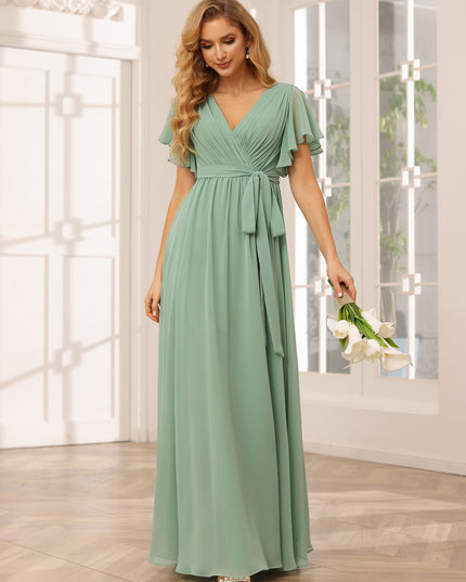 Chiffon Bow Short Sleeves A Line V Neck Pleated Bridesmaid Dresses