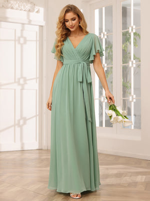Chiffon Bow Short Sleeves A Line V Neck Pleated Bridesmaid Dresses
