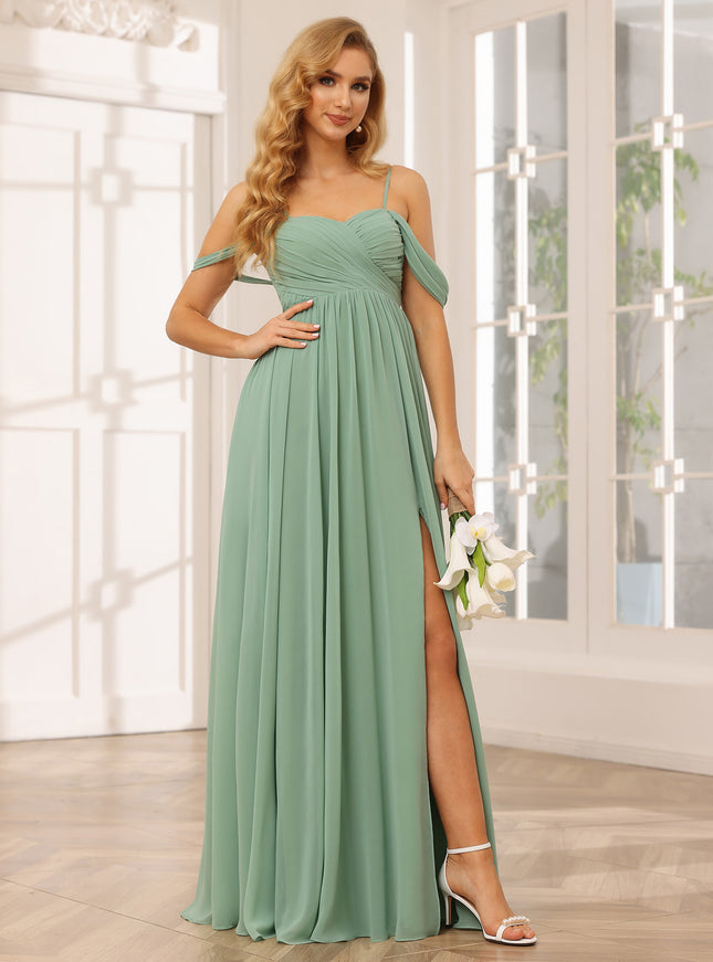 Chiffon Spaghetti Straps Off the Shoulder Pleated Bridesmaid Dresses with Slit