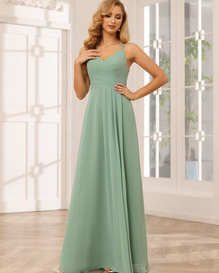 Chiffon V Neck Spaghetti Straps A Line Pleated Bridesmaid Dresses