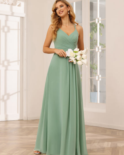 Chiffon V Neck Spaghetti Straps A Line Pleated Bridesmaid Dresses