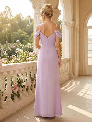 Chiffon Off the Shoulder V Neck Spaghetti Straps Pleated Bridesmaid Dresses with Slit
