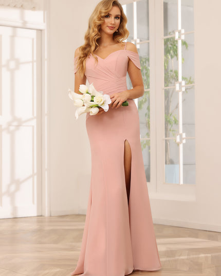Chiffon Off the Shoulder Spaghetti Straps Pleated Bridesmaid Dresses with Slit