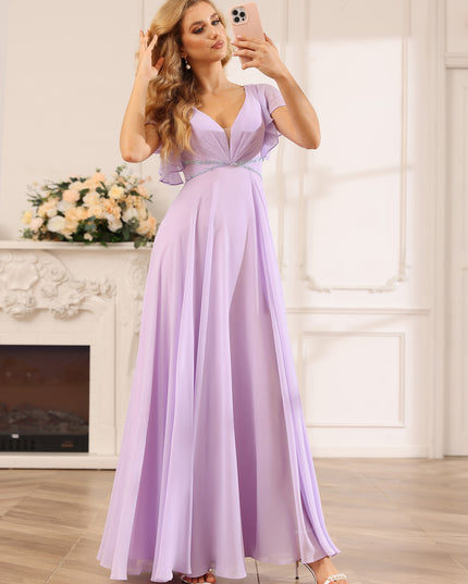 Chiffon Short Sleeves A Line V Neck Pleated Bridesmaid Dresses with Slit