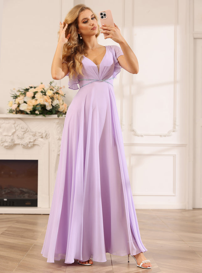 Chiffon Short Sleeves A Line V Neck Pleated Bridesmaid Dresses with Slit