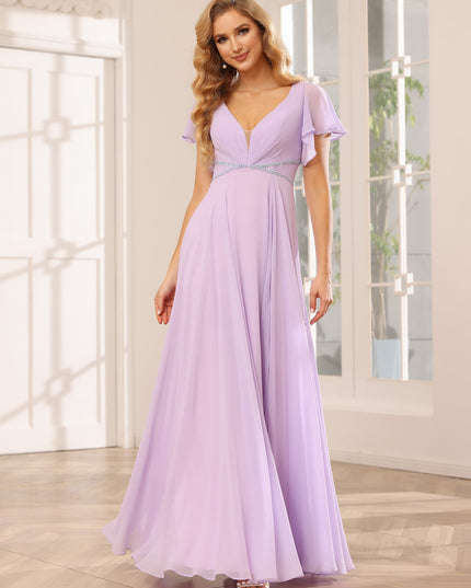 Chiffon Short Sleeves A Line V Neck Pleated Bridesmaid Dresses with Slit