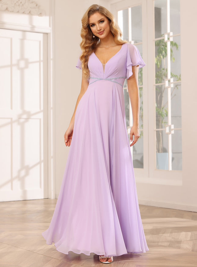 Chiffon Short Sleeves A Line V Neck Pleated Bridesmaid Dresses with Slit