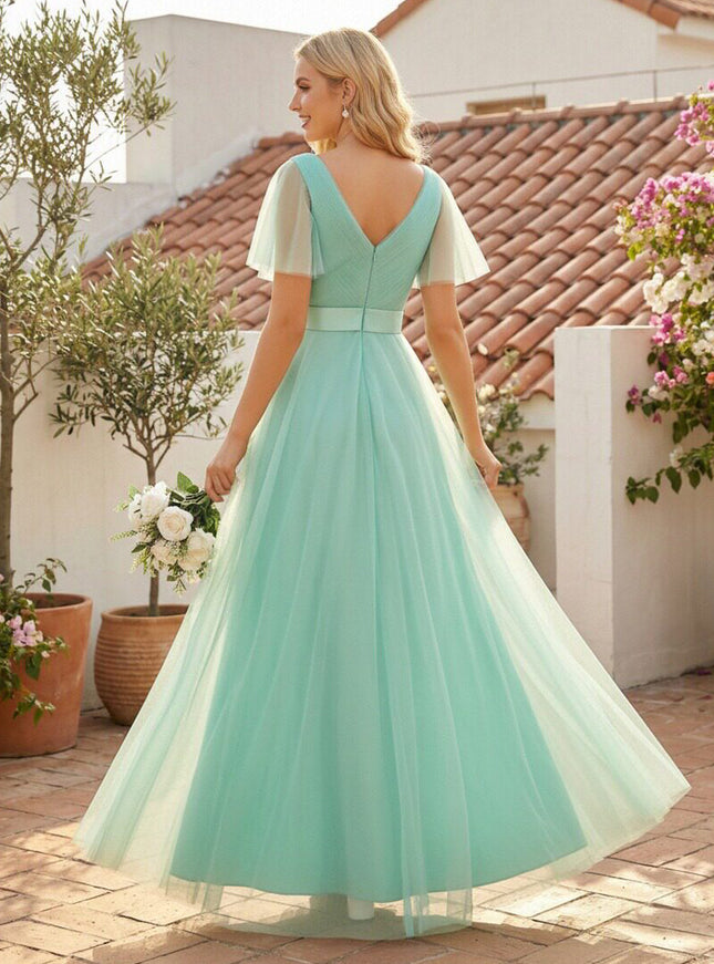 Tulle Short Sleeves A Line V Neck Pleated Bridesmaid Dresses