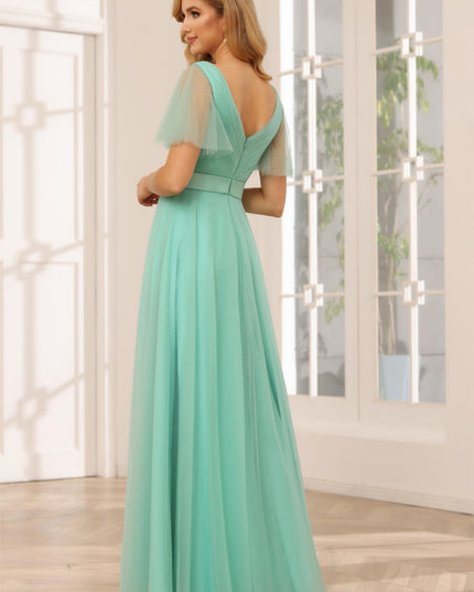 Tulle Short Sleeves A Line V Neck Pleated Bridesmaid Dresses