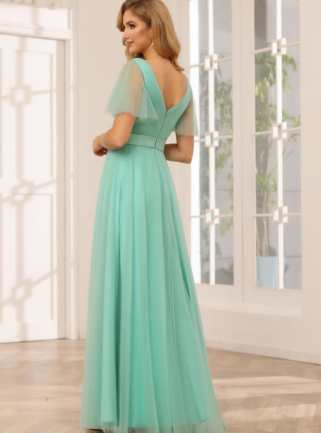 Tulle Short Sleeves A Line V Neck Pleated Bridesmaid Dresses