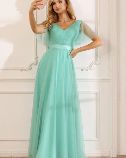 Tulle Short Sleeves A Line V Neck Pleated Bridesmaid Dresses