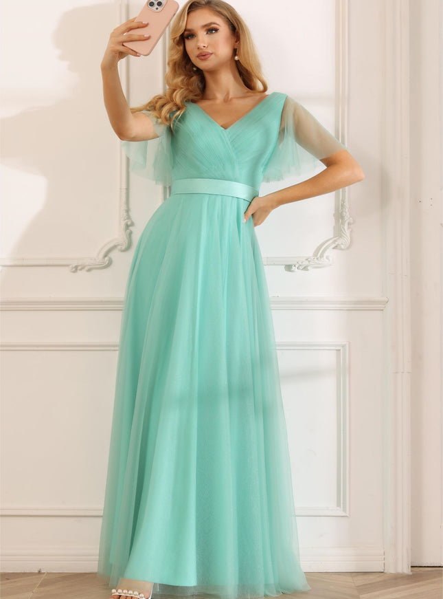 Tulle Short Sleeves A Line V Neck Pleated Bridesmaid Dresses