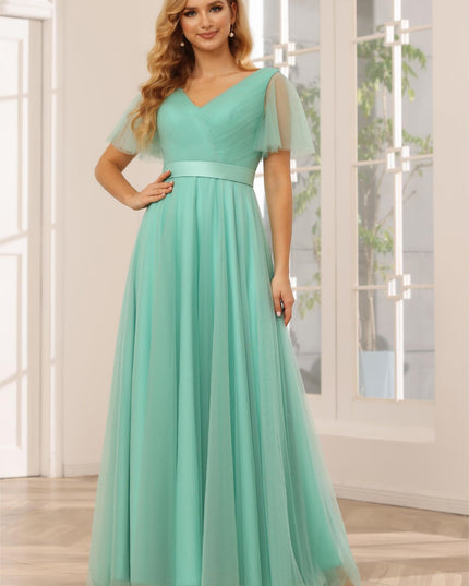 Tulle Short Sleeves A Line V Neck Pleated Bridesmaid Dresses