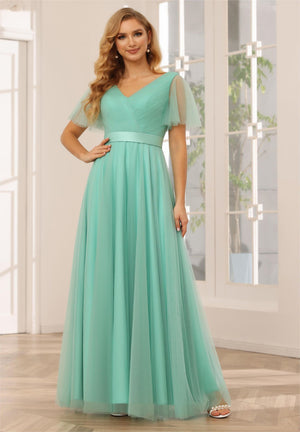 Tulle Short Sleeves A Line V Neck Pleated Bridesmaid Dresses