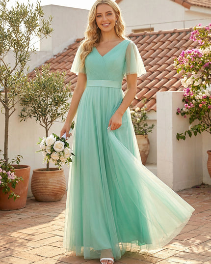 Tulle Short Sleeves A Line V Neck Pleated Bridesmaid Dresses