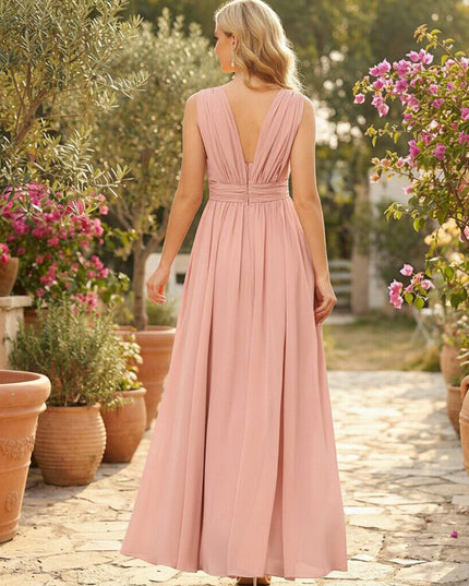 Chiffon V Neck A Line Pleated Bridesmaid Dresses with Slit