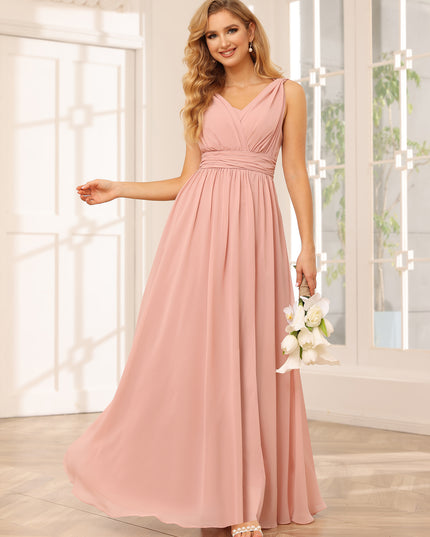 Chiffon V Neck A Line Pleated Bridesmaid Dresses with Slit