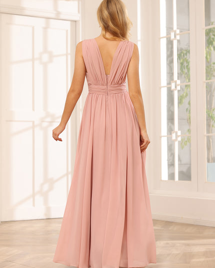 Chiffon V Neck A Line Pleated Bridesmaid Dresses with Slit