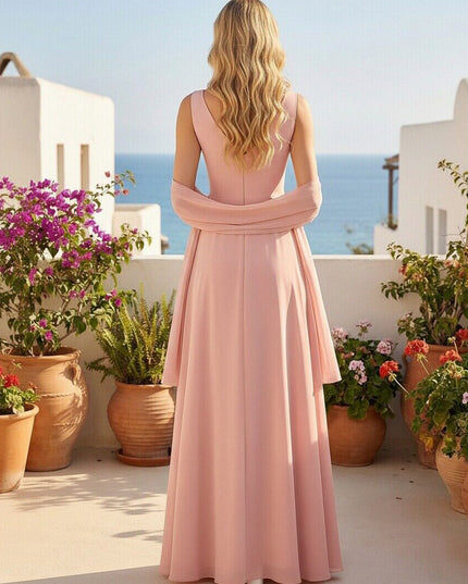 Chiffon V Neck A Line Ruffles Pleated Bridesmaid Dresses with Caps