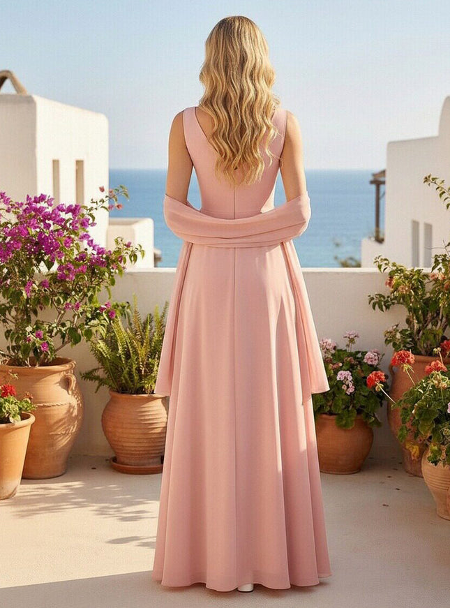 Chiffon V Neck A Line Ruffles Pleated Bridesmaid Dresses with Caps