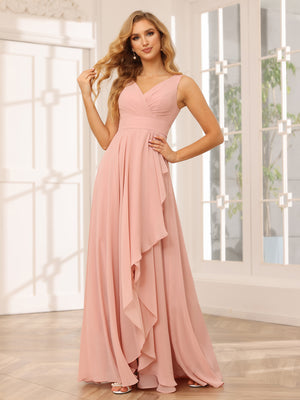 Chiffon V Neck A Line Ruffles Pleated Bridesmaid Dresses with Caps