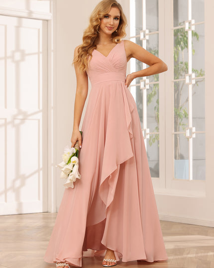 Chiffon V Neck A Line Ruffles Pleated Bridesmaid Dresses with Caps