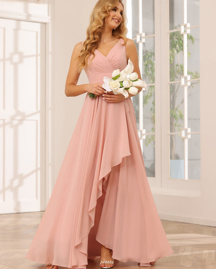 Chiffon V Neck A Line Ruffles Pleated Bridesmaid Dresses with Caps