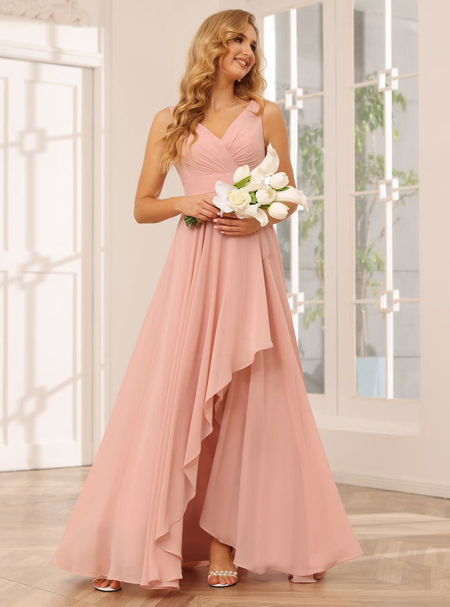 Chiffon V Neck A Line Ruffles Pleated Bridesmaid Dresses with Caps