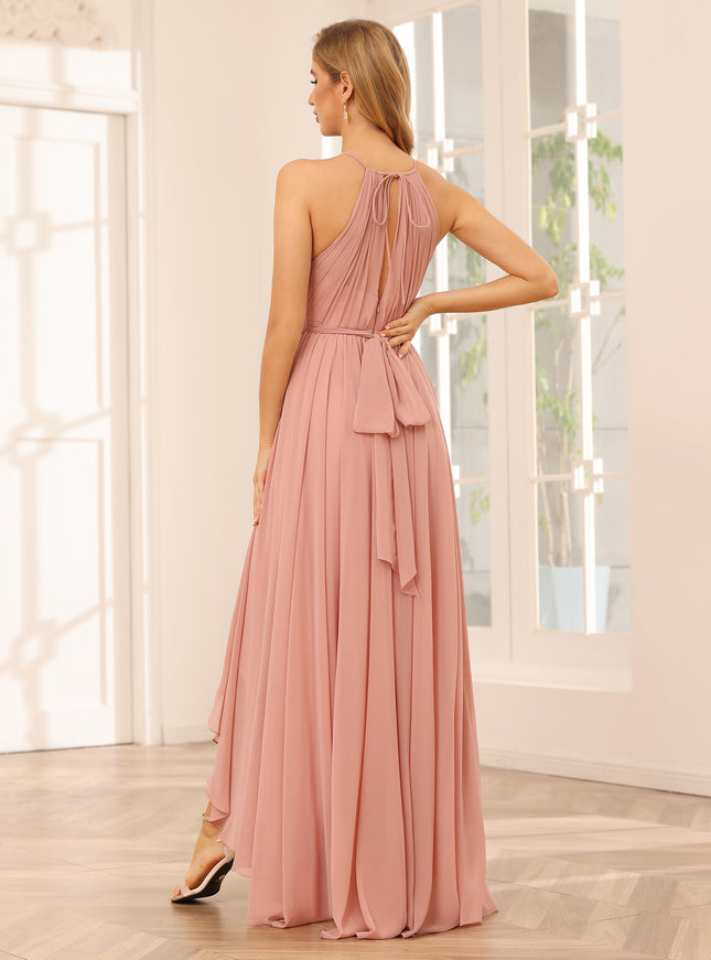 Chiffon Halter Cut Out Corset Ruffles High Low Pleated Bridesmaid Dresses