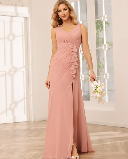Chiffon V Neck A Line Ruffles Pleated Bridesmaid Dresses with Slit