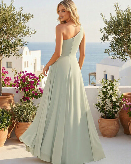 One Shoulder Chiffon Pleated Bridesmaid Dresses with Slit